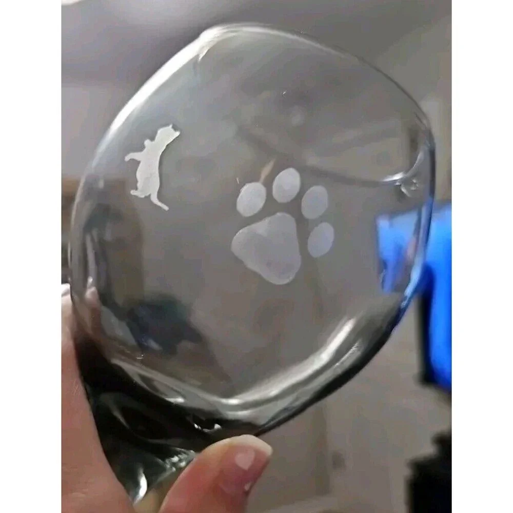 Smoke Gray Wine Glass Set Of 2 With Cat & Pawprint Etching 8”